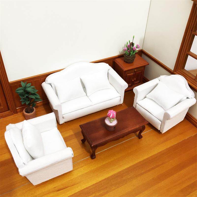 1:12娃娃屋迷你家具dollhouse清新白色沙发3件套带靠枕