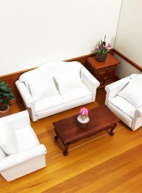 1：12娃娃屋迷你家具dollhouse清新白色沙发3件套带靠枕