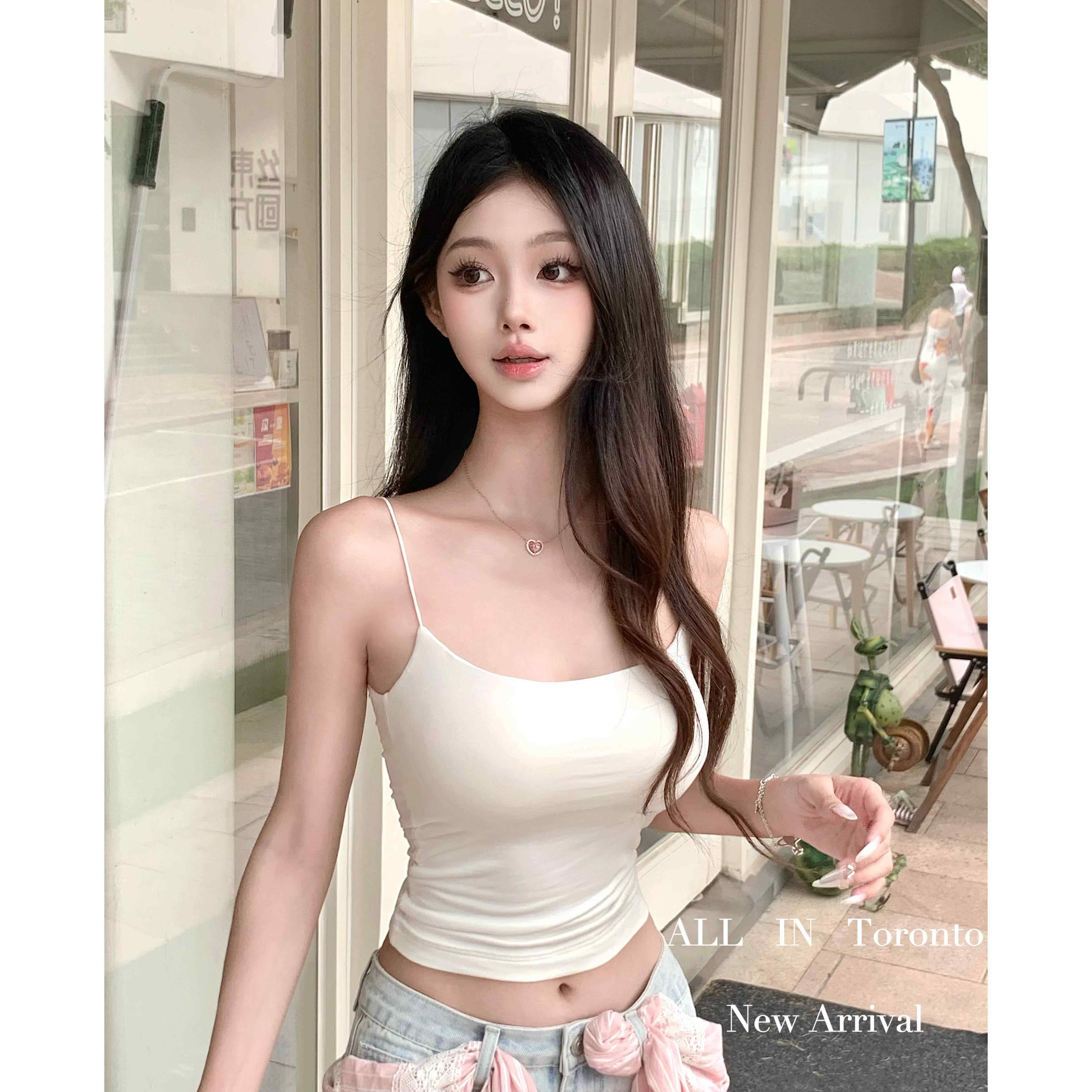 ALLIN白色莫代尔胸垫吊带女短款U领显瘦内搭修身性感辣妹背心上衣