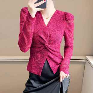 性感镂空V领蕾丝衫 1219e 女秋冬洋气设计感扭结上衣气质显瘦打底衫