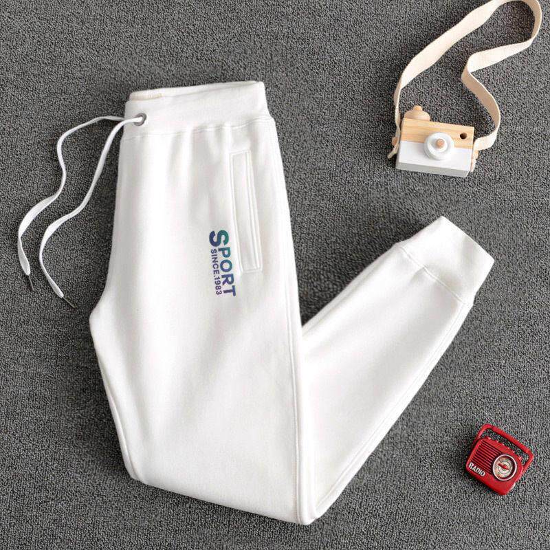 潮牌纯棉加绒运动裤女束脚2025秋冬新款白色薄款卫裤休闲女士裤子