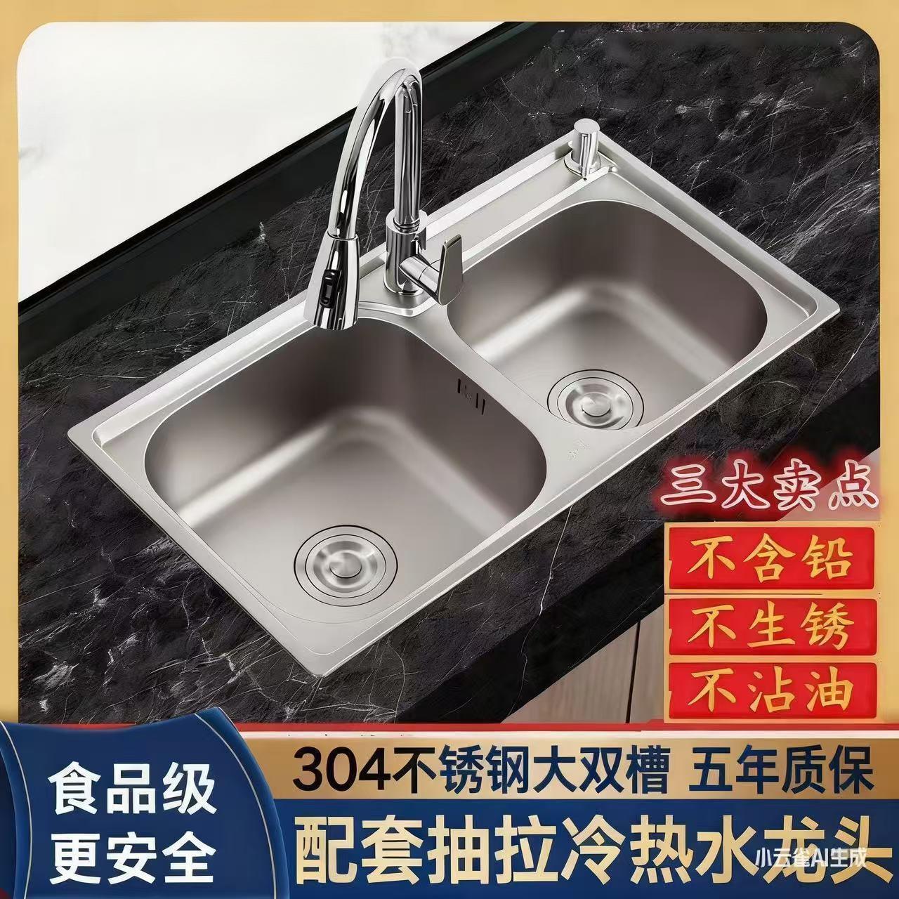 不锈钢洗菜盆水槽双槽加厚SUS304一体拉丝家用厨房特厚洗碗池双盆