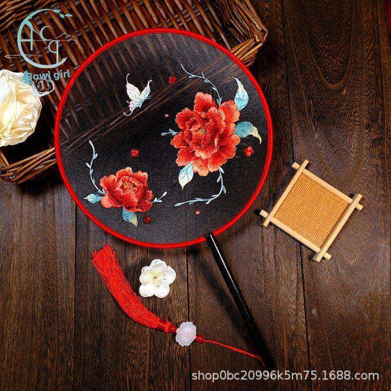 古KQJ风扇舞子刺绣扇子牡丹花绣鸟扇花扇蹈中国风