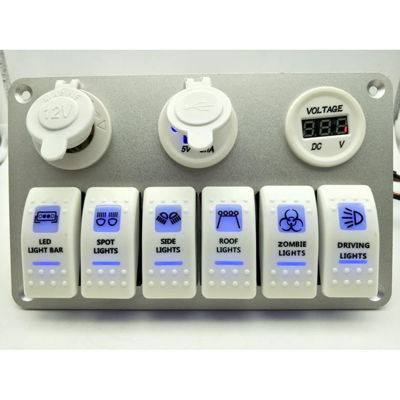 改装车船白色六位组合开关面板12-24V ON-OFF 12v+USB+电压表