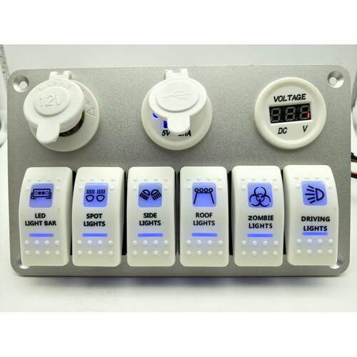 改装车船白色六位组合开关面板12-24V ON-OFF 12v+USB+电压表