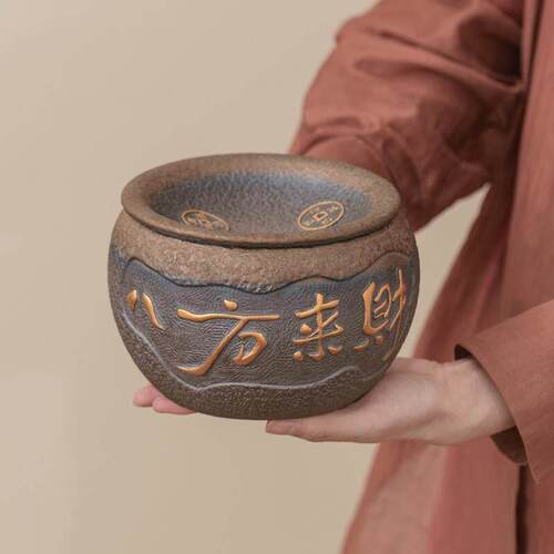 清澜粗陶建水茶渣缸复古风特大号过滤茶渣桶带盖陶瓷功夫茶洗水盂
