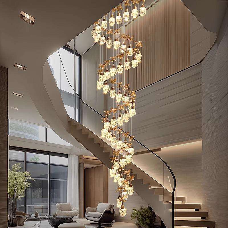 现代简约农村自建房别墅复式公寓loft客厅楼梯螺旋水晶超长线吊灯