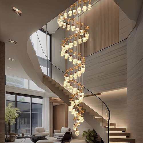 现代简约农村自建房别墅复式公寓loft客厅楼梯螺旋水晶超长线吊灯