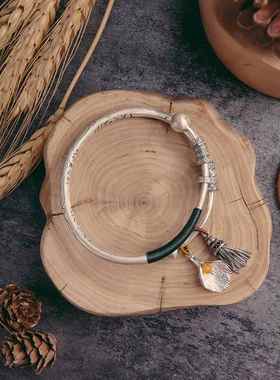 正品银9苏镯女9纯手银复古实心流古法宫铃吊坠民族风古风推拉拢银