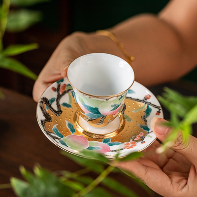 999黄金福寿主人杯 省大师肖建辉釉下五彩纯手工高档杯碟功夫茶杯