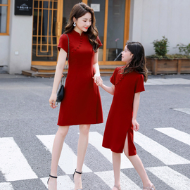 红色亲子装母女装洋气旗袍，复古礼服中国风，母女装夏季连衣裙汉服潮