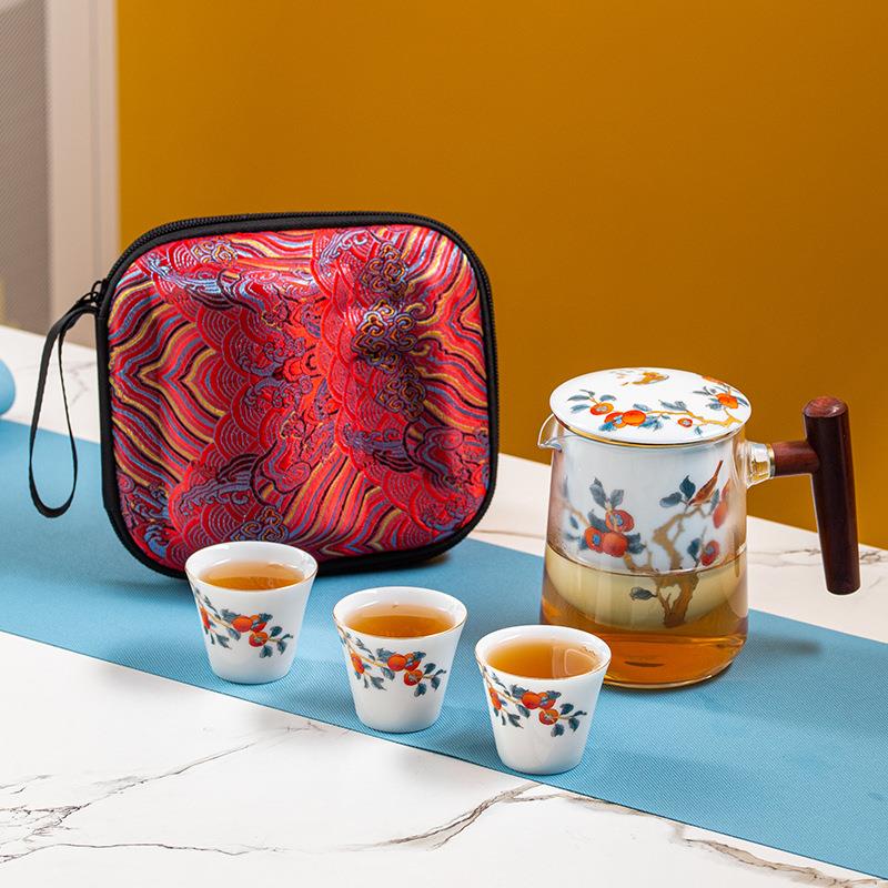 好事发生柿事如意快客杯泡茶器陶瓷三杯便携茶杯办公杯茶水分离杯