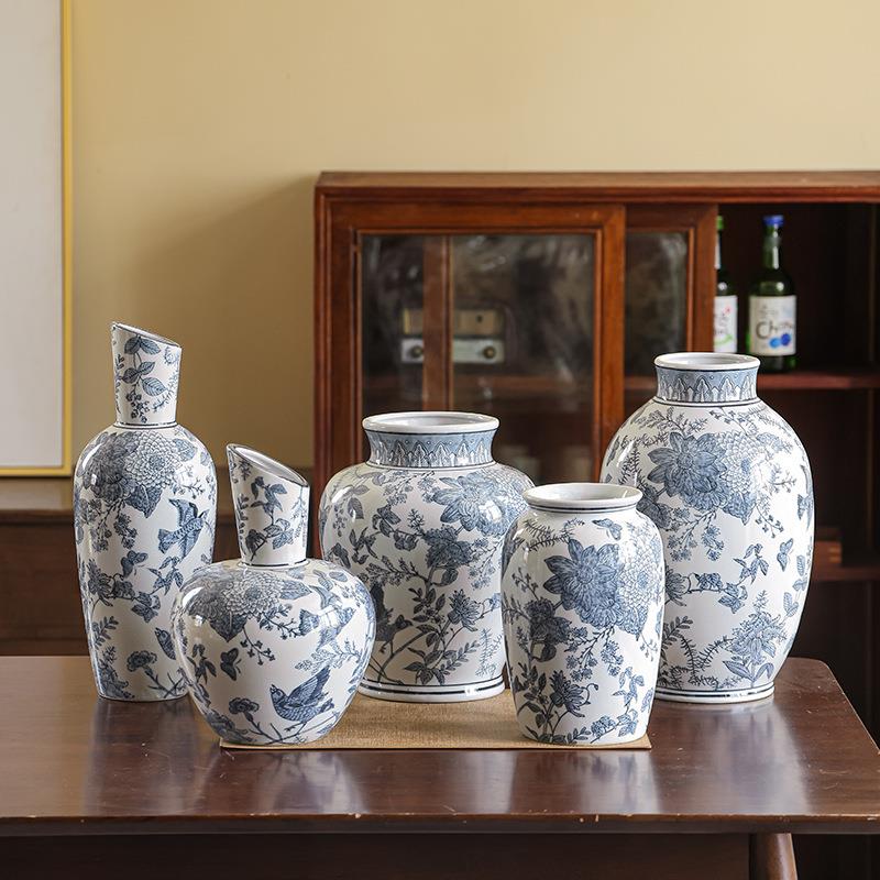 团花喜鹊鸟陶瓷花瓶中式复古陶瓷饰品摆件可水培陶瓷装饰花瓶高温