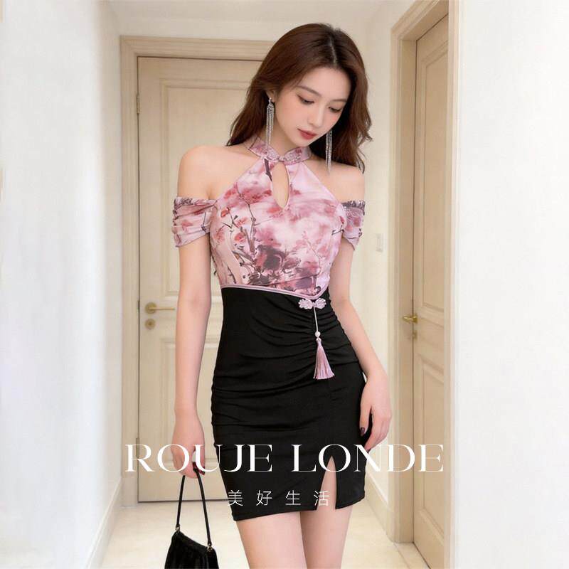 ROUJE LONDE新中式露肩挂脖印花连衣裙收腰开叉包臀改良旗袍短裙