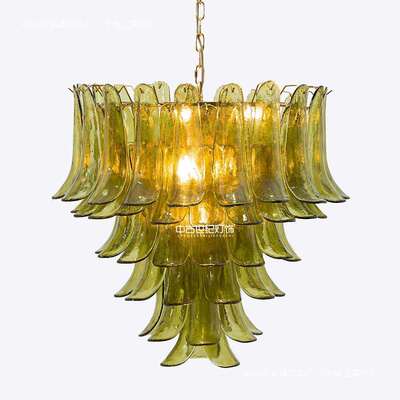 穆拉诺意大利法式复古挑空客厅别墅复式楼梯马蹄绿色玻璃吊灯