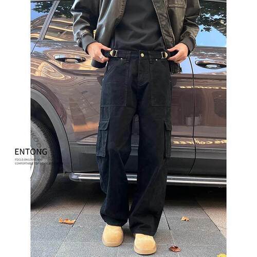 Entong美式覆古工装牛仔裤男生街头多口袋百搭宽松直筒休闲长裤子