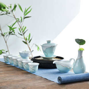 5ZW茶壶手绘手工描金功夫茶具家用陶瓷茶杯盖碗青瓷忆荷组件