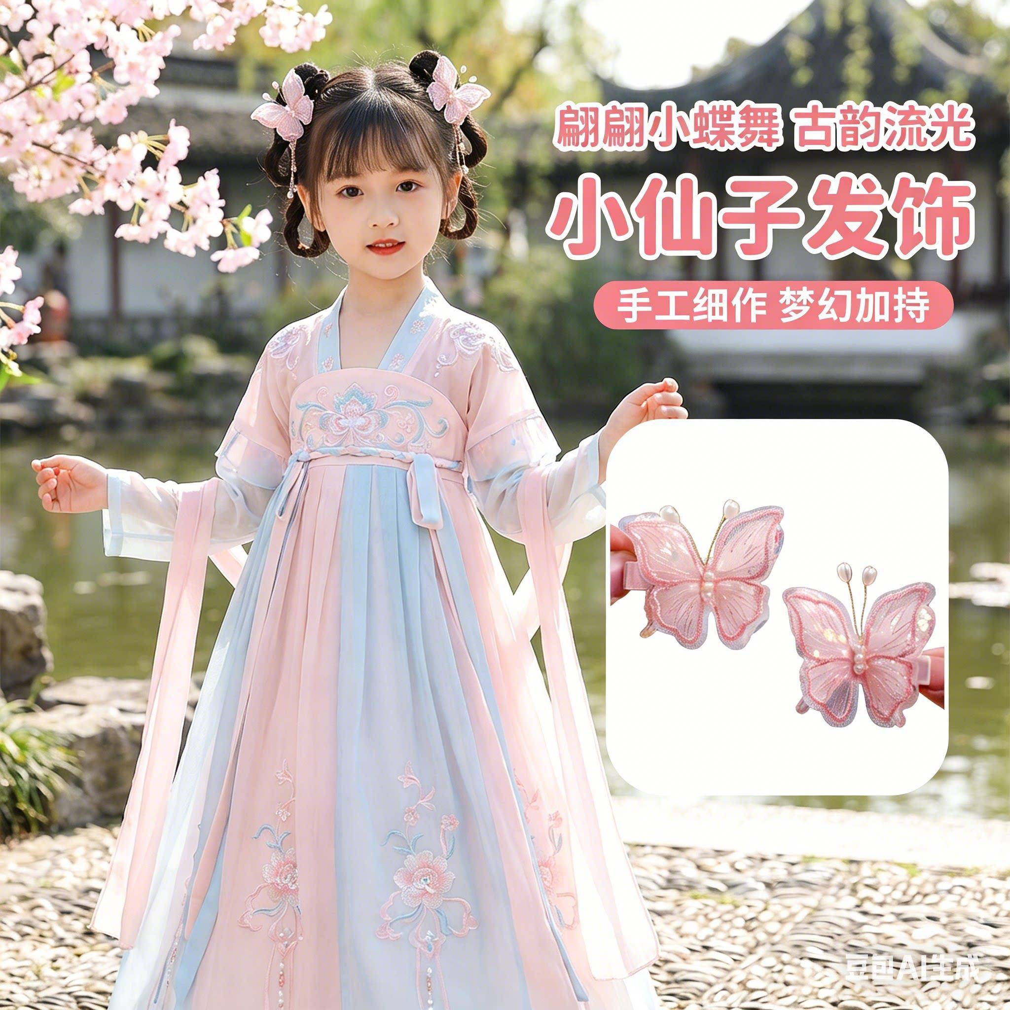汉服女款头饰2026新款女童国风蝴蝶对夹古风花朵发夹儿童古装发饰图片