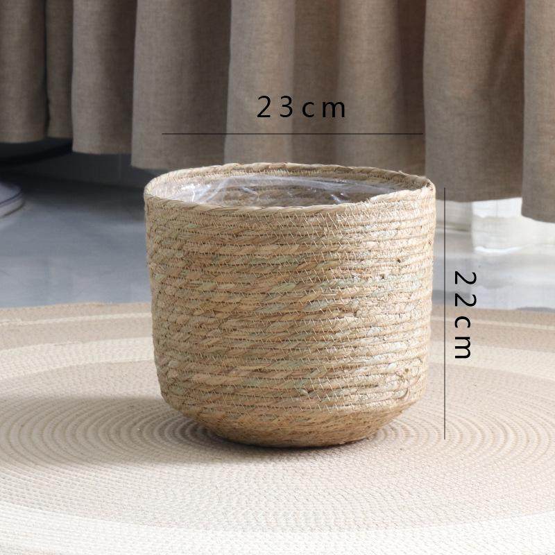 北欧藤编草编花盆简约编织摆件