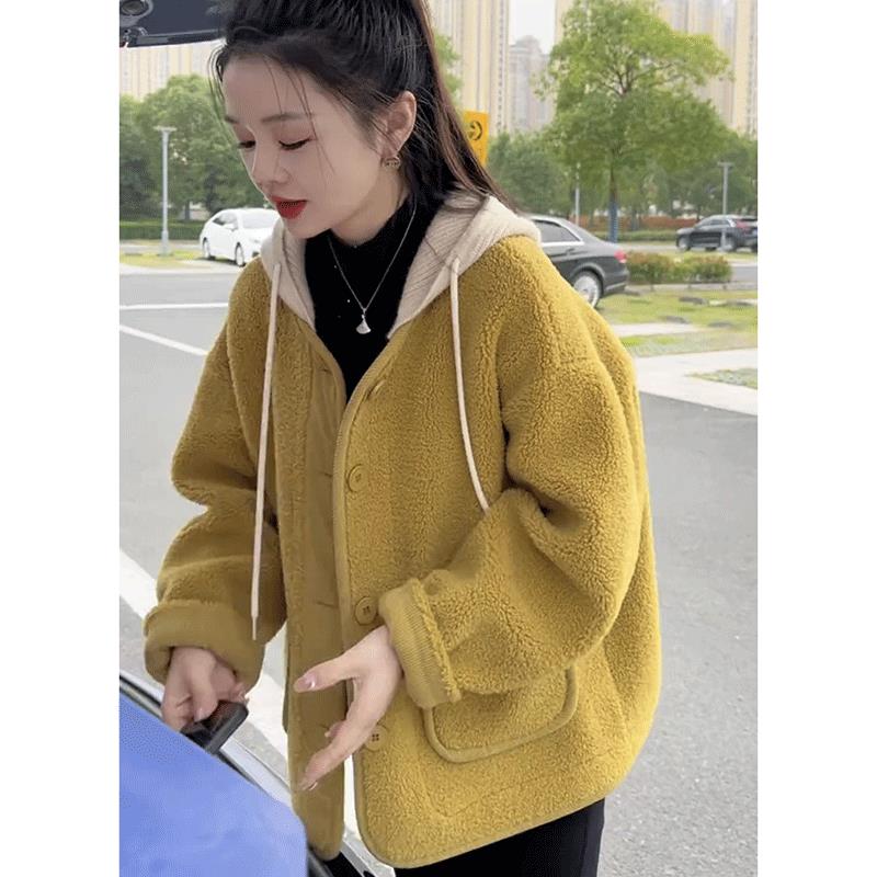 羊羔毛皮毛一体加厚连帽外套女秋冬季新款宽松显瘦小个子百搭上衣