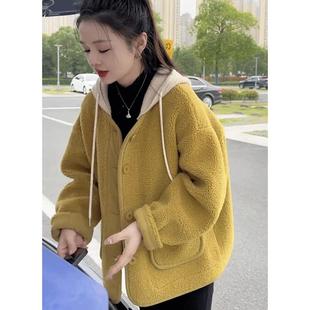 新款 羊羔毛皮毛一体加厚连帽外套女秋冬季 宽松显瘦小个子百搭上衣