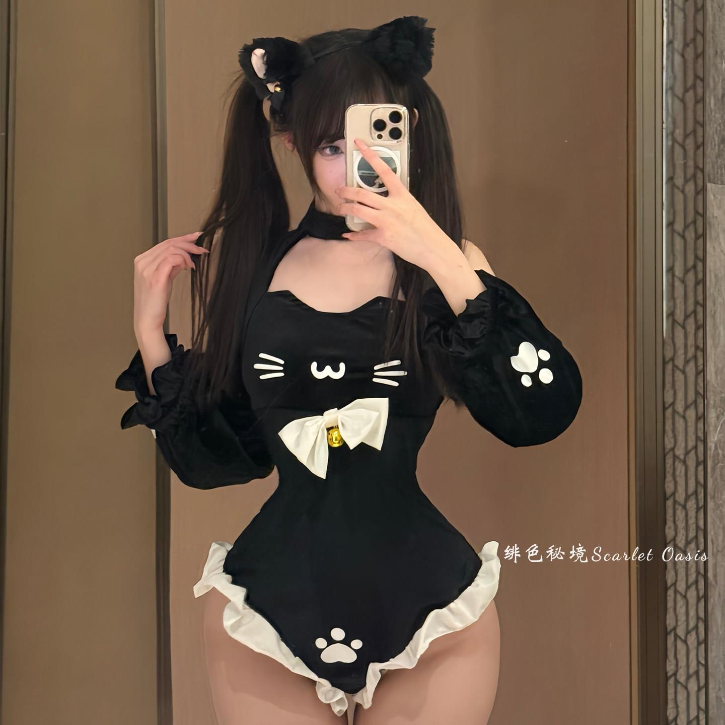 圣诞猫娘*圣诞节性感丝绒少女日系女仆制服连体衣战袍内衣裙qqny