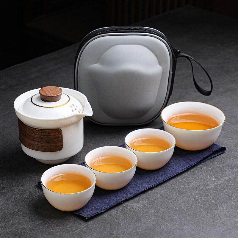 羊脂玉旅行茶具套装一壶四杯功夫泡茶便携盖碗户外露营白瓷快客杯