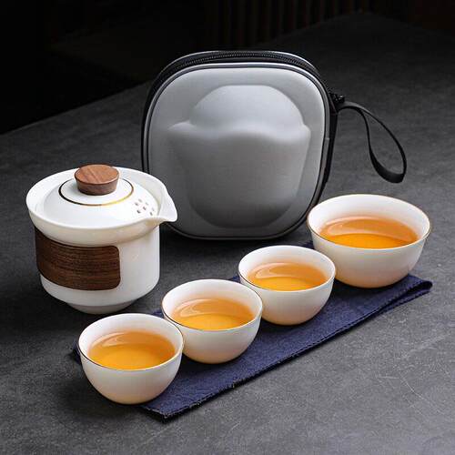 羊脂玉旅行茶具套装一壶四杯功夫泡茶便携盖碗户外露营白瓷快客杯