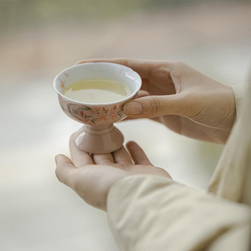 明知山志 仿宋高足茶杯 手绘釉下彩陶瓷茶盏 家用文人器品茗杯