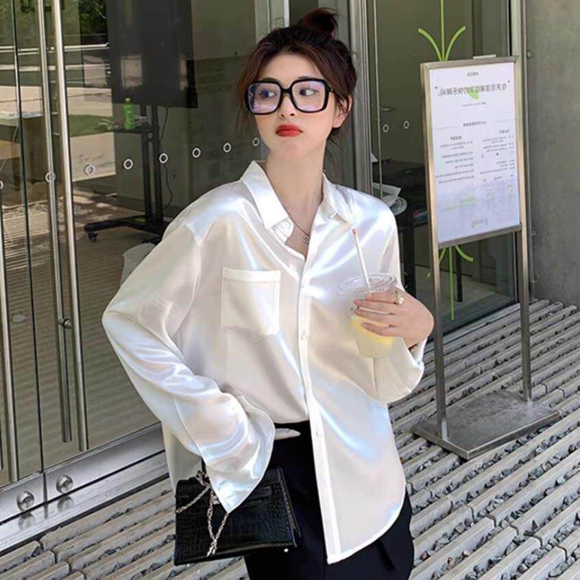 轻奢高端真丝缎面白衬衫女士长袖2026春秋季垂感职业衬衣垂感上衣