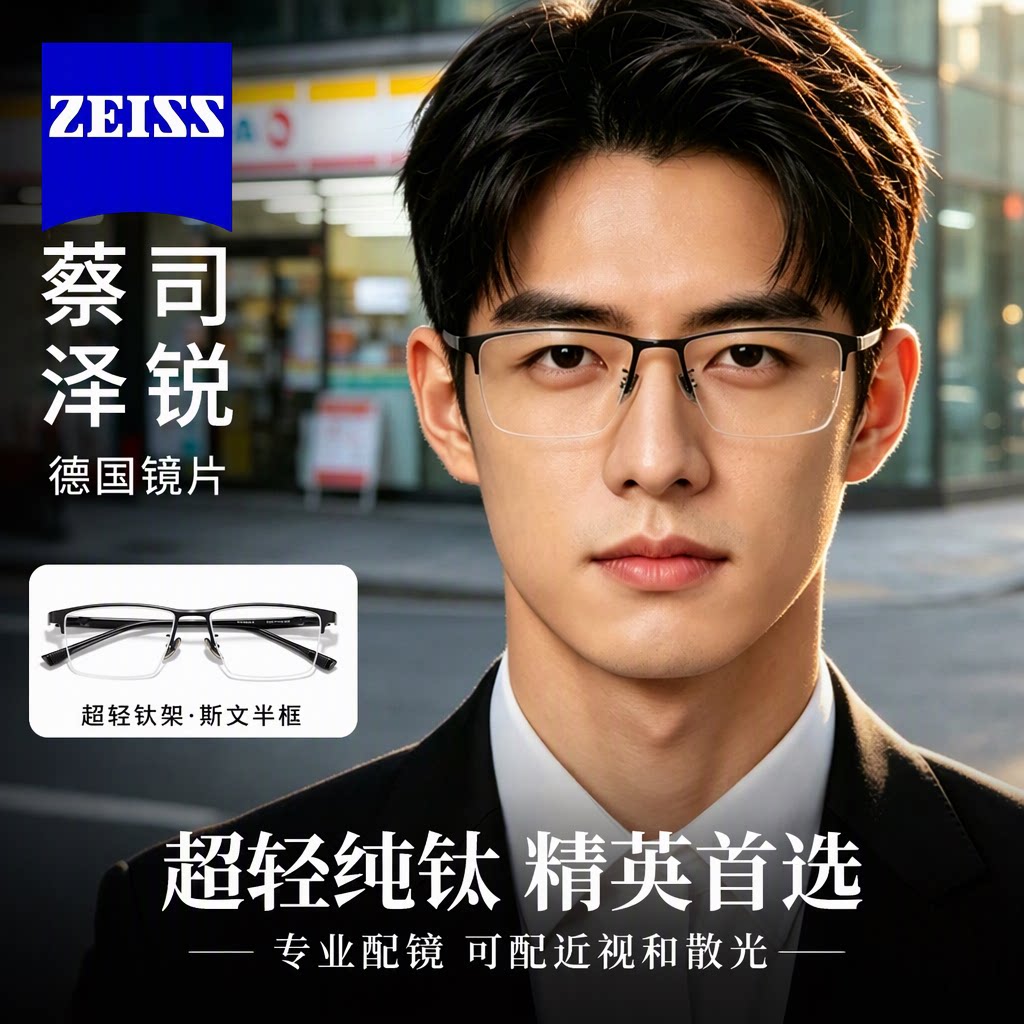 蔡司泽锐德国镜片纯钛超轻商务半框男近视眼镜可配防蓝光散光镜框
