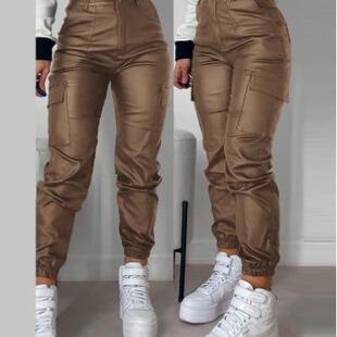 Women Slim Fitted Workwear Coated PU Elastic Jeans Pants
