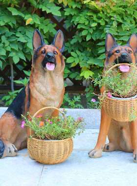 德牧犬收纳花篮摆件仿真动物狼狗玻璃钢雕塑模型迎宾道具装饰摆件