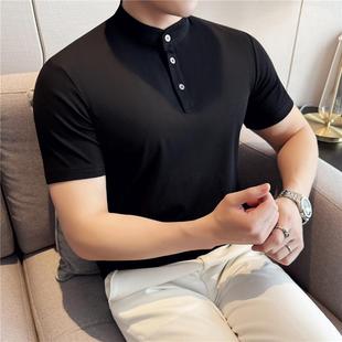 冰肤柔凉感棉质面料亨利领短袖 黑色 T恤男修身 立领polo衫