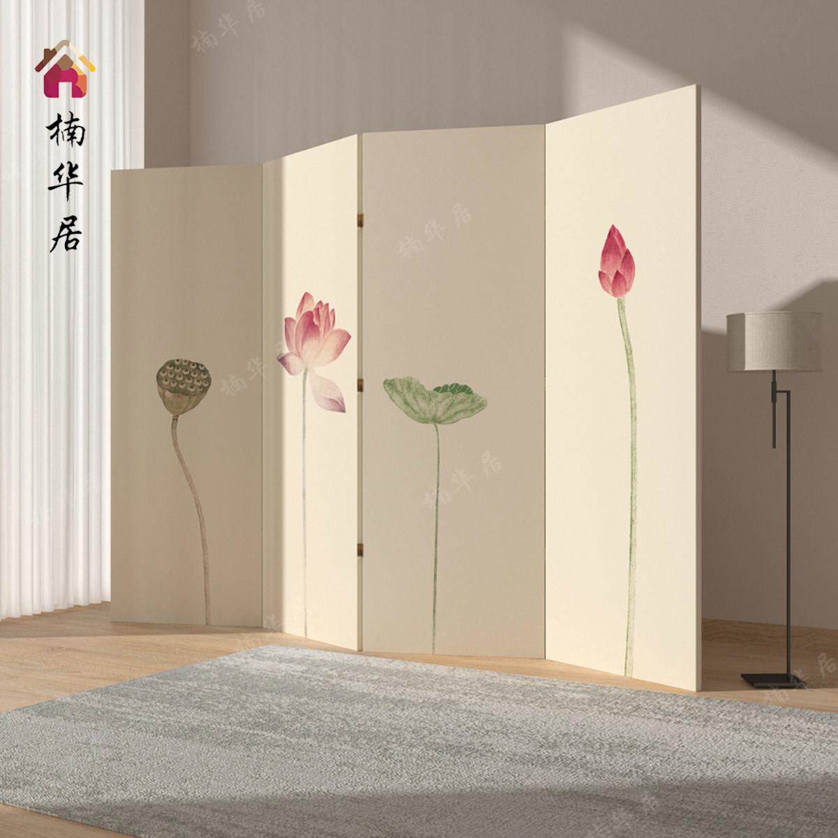 现代简约东方美学中式荷花屏风客厅卧室装饰办公室茶室折叠屏隔断