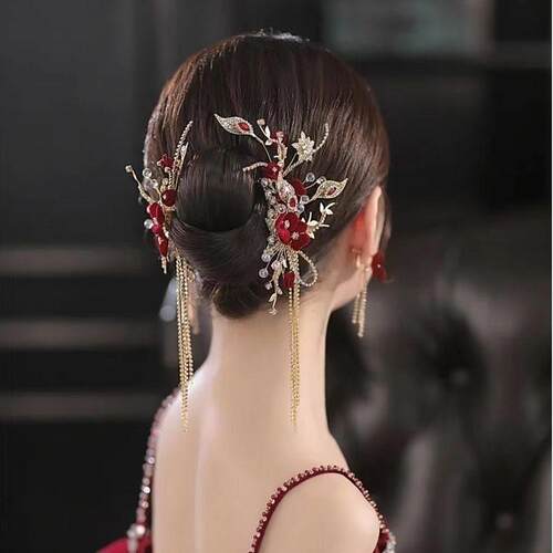 新娘头饰结婚红色简单大气礼服中式发饰敬酒订婚头饰新中式简约风