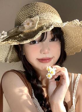 帽子花朵蕾丝蝴蝶结草帽女夏季法式大帽簷编织帽海边度假遮1012k