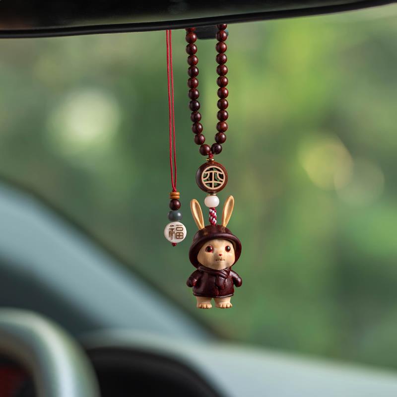 正品天然小紫檀黄汽杨木兔子车挂叶件平安225款高档创意0车载女生