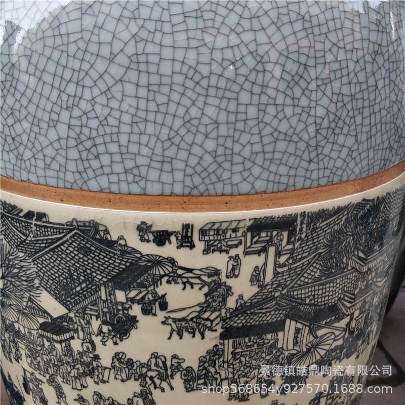 景德镇陶瓷工艺品仿古开片裂纹釉落地花瓶清明上河图家居酒店摆件