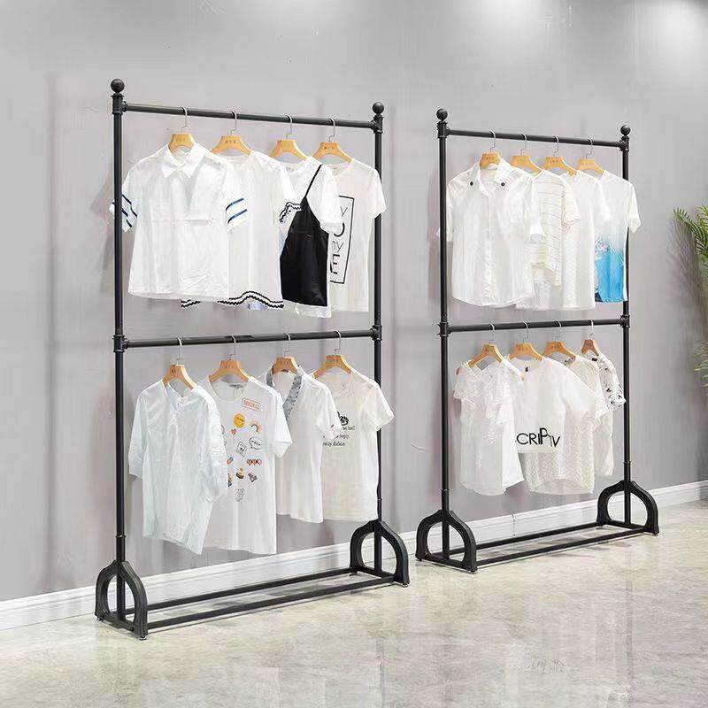 挂服装店展71双杆落地立式双层铁艺衣架示家用格降裙架简易升经济