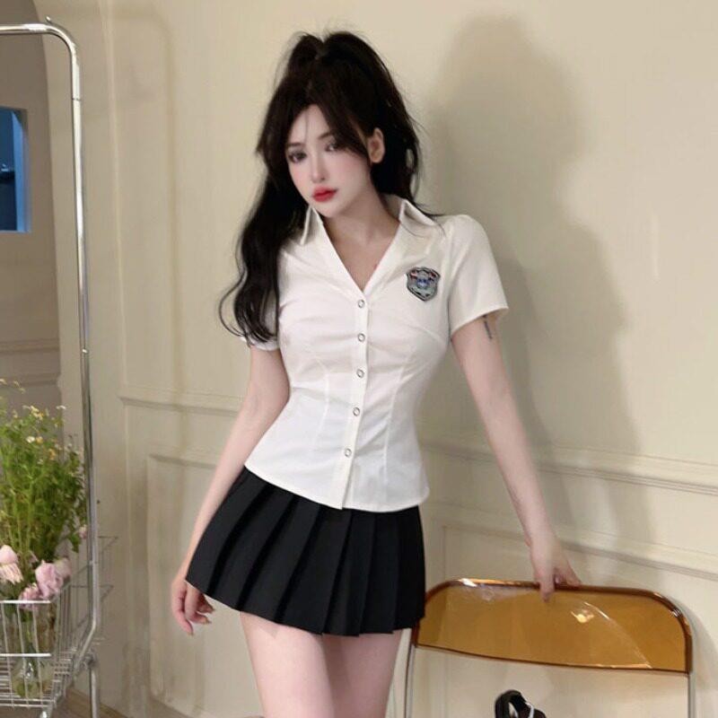 领白衬衫女制服学院风修身显瘦气质衬衫足浴技师工作服夏季上衣