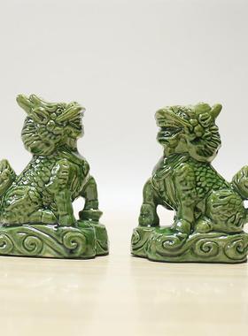 正品对唐三彩陶麒麟一家居客厅玄门口室内室外摆瓷关放装饰品摆设