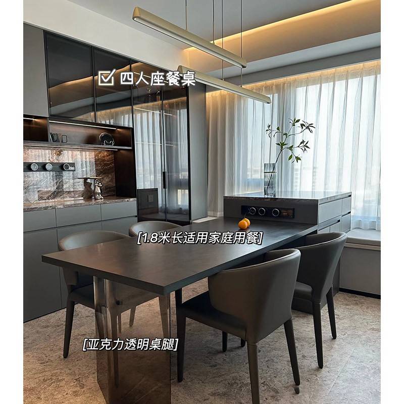 飘窗岛台黑色伸缩餐桌定制多功能储物岩板岛台一体客厅飘窗岛台柜