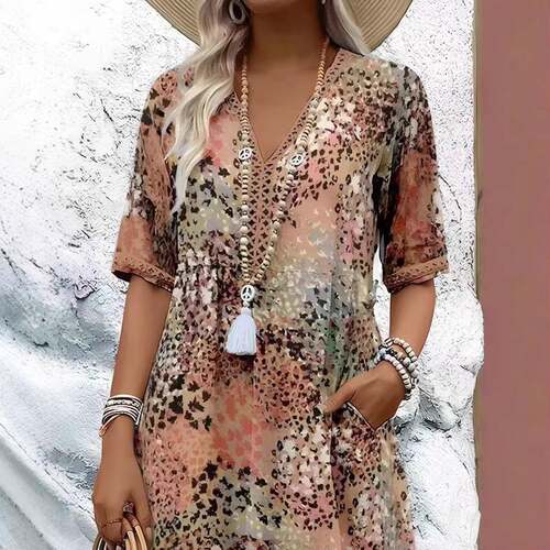 Printed lace V-neck short sleeved dress