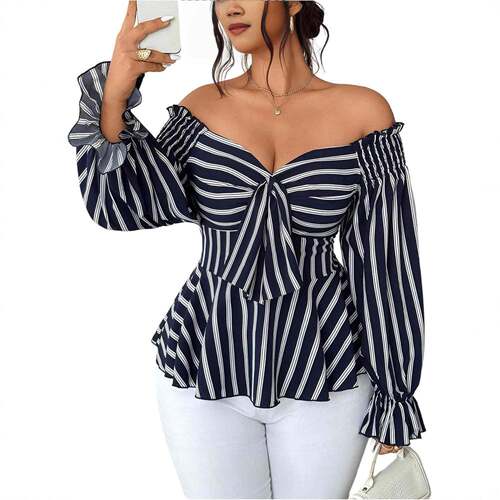Plus Size Women's Blouse Shirt Striped Casual Fashion Top