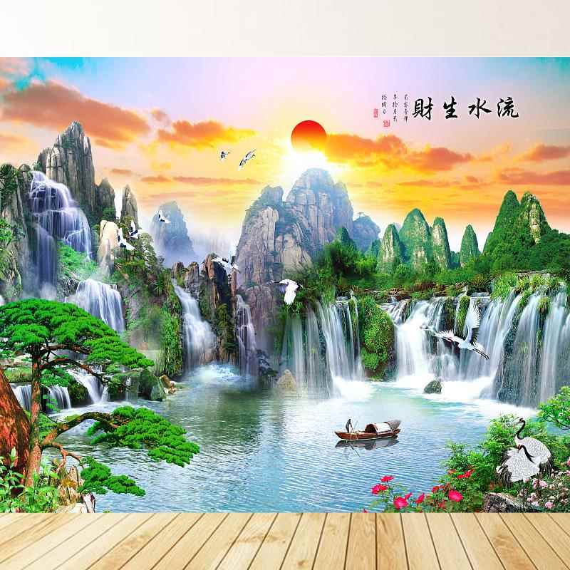 定制自粘流水生财山水招财风画水电视沙发饭店旅馆前台背景画壁画