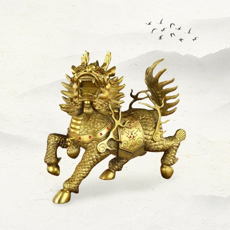 新款直销镇宅纳福威武麒麟纯黄铜古法手工制作工艺品摆件铁艺