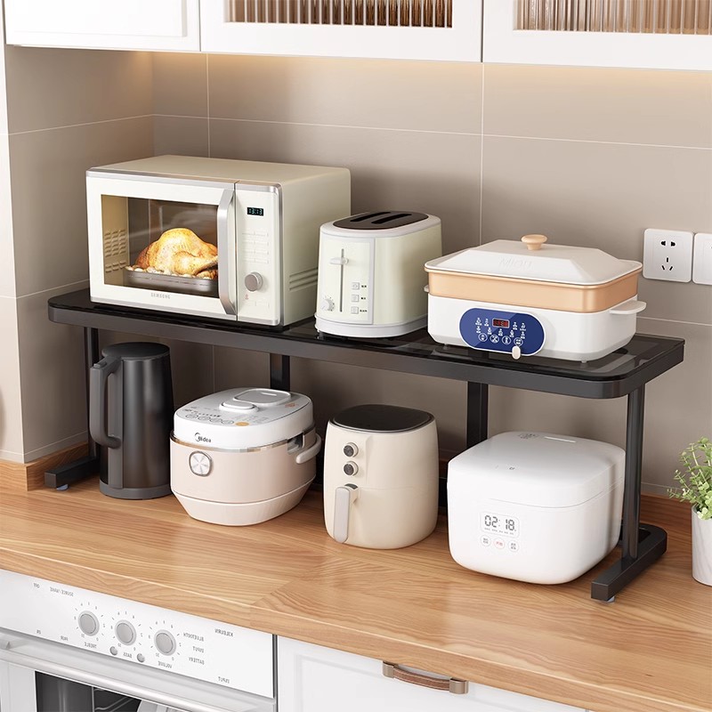 厨房置物架钢化玻璃一字板台面微波炉架子灶台收纳架省空间小型无