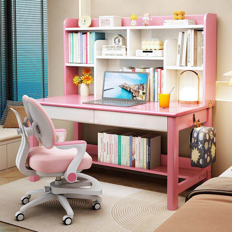 实木书桌学生家用儿童学习桌简约小学生书桌卧室课桌椅套装粉色