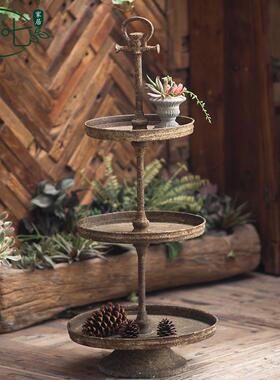 复做旧多BEM创意托盘ins风铁艺水摆果盘花店装古饰层架层甜品店盘